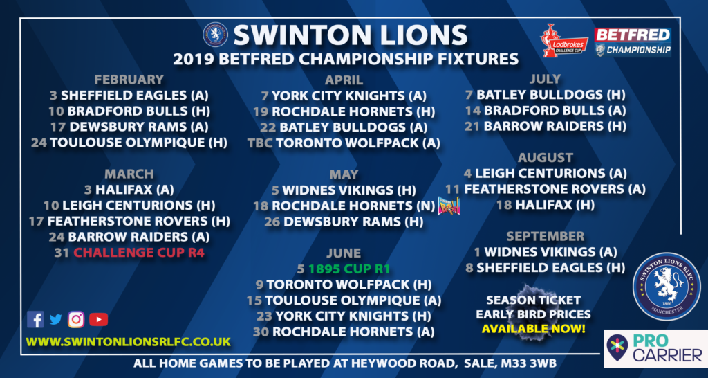 2019 CHAMPIONSHIP FIXTURES ANNOUNCED — Swinton Lions RLFC